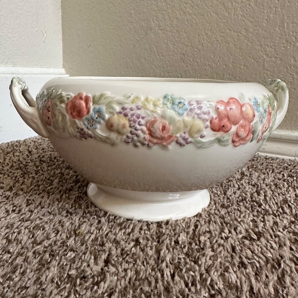 Crown Ducal English Ironstone white painted embossed fruits florals tureen bowl